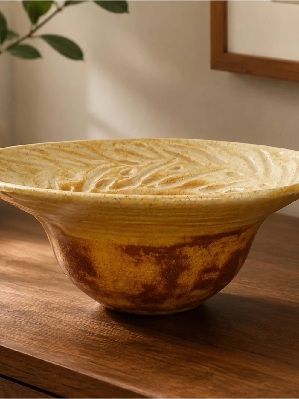 Signed Studio Pottery Bowl Honey Gold Amber Layered Glaze Carved Leaf Design